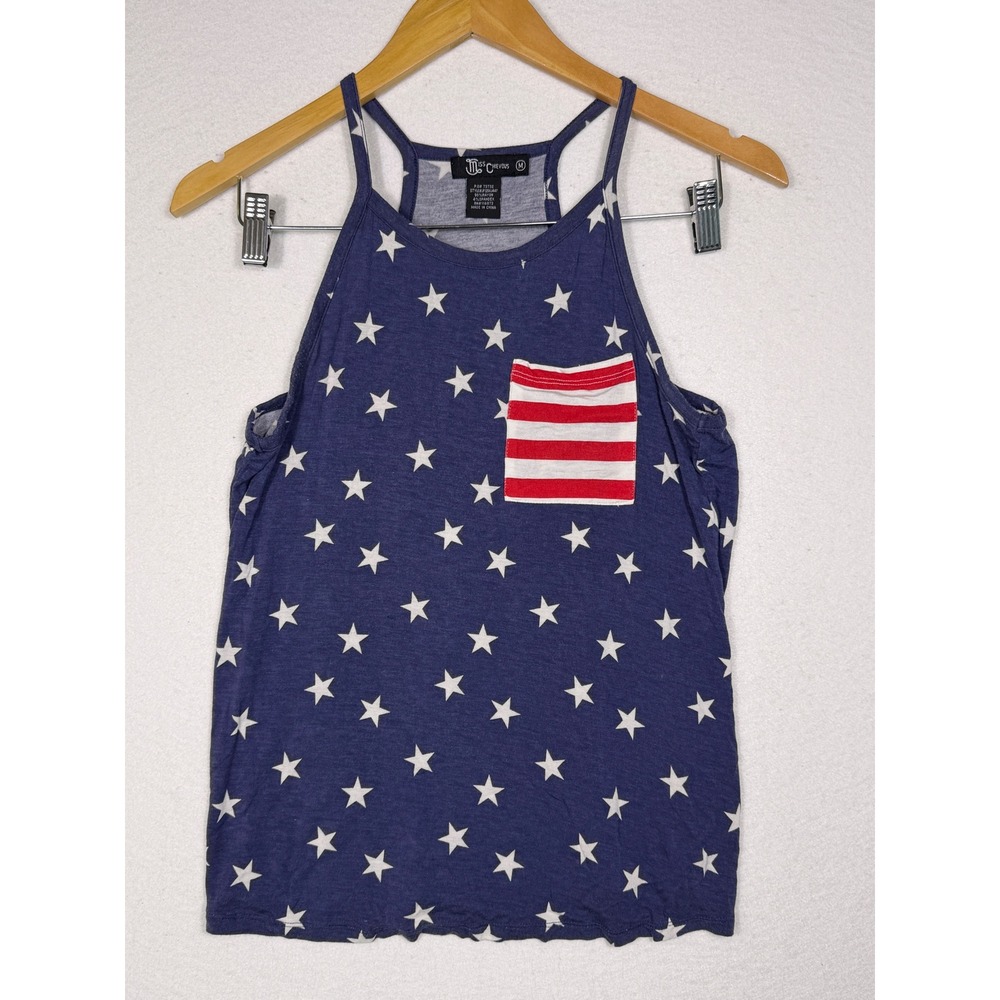 Miss Chievous Tank Top Womens Medium Blue Star Print Patriotic‎ Americana Pocket